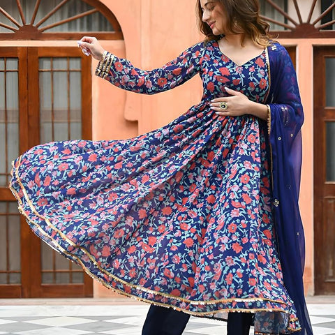 Ebbani Women’s Viscose Floral Blue Anarkali Kurta Set with Dupatta