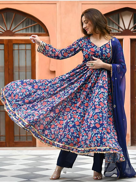 Ebbani Women’s Viscose Floral Blue Anarkali Kurta Set with Dupatta