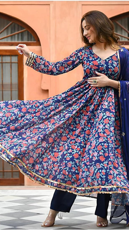 Ebbani Women’s Viscose Floral Blue Anarkali Kurta Set with Dupatta