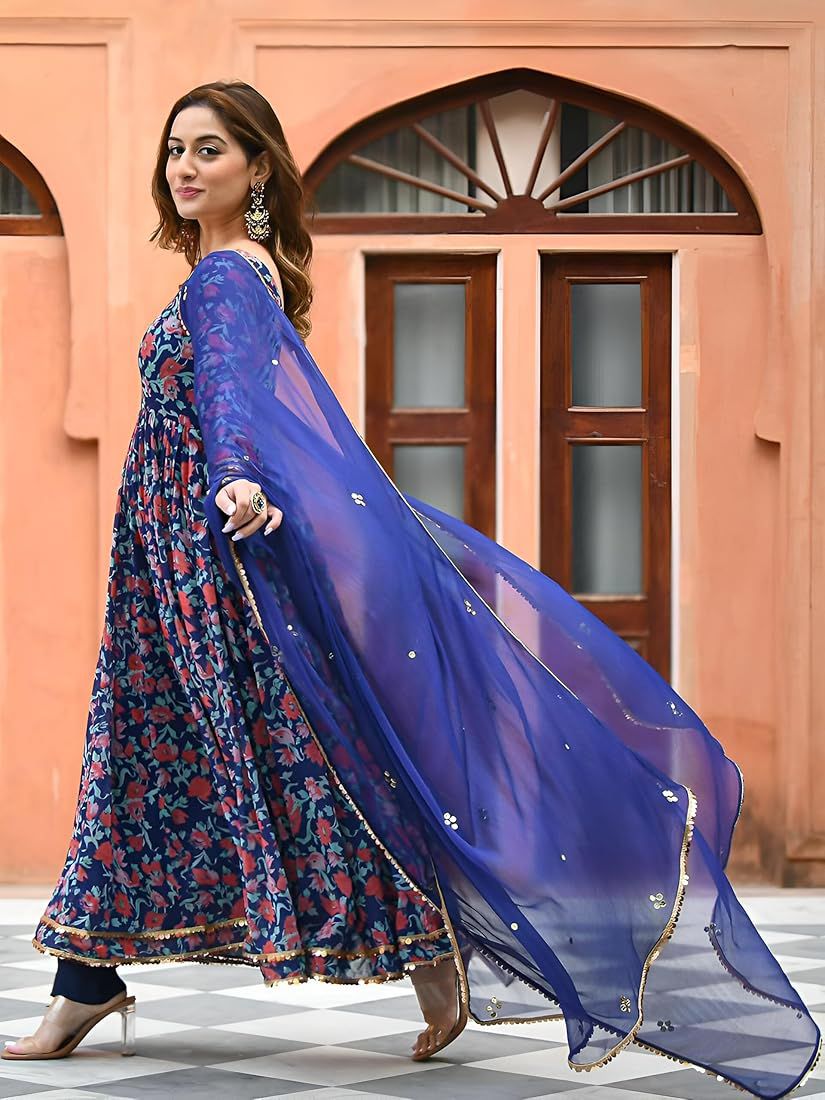 Ebbani Women’s Viscose Floral Blue Anarkali Kurta Set with Dupatta