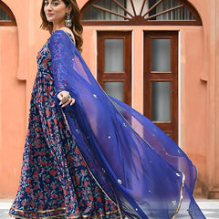 Ebbani Women’s Viscose Floral Blue Anarkali Kurta Set with Dupatta