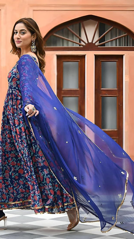 Ebbani Women’s Viscose Floral Blue Anarkali Kurta Set with Dupatta