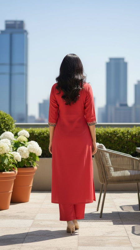 Ebbani Women’s Cotton Embroidered Rani Color Kurta Set