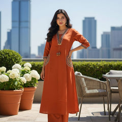 Ebbani Women’s Cotton Embroidered Rust Orange Kurta Set