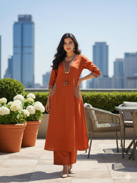 Ebbani Women’s Cotton Embroidered Rust Orange Kurta Set