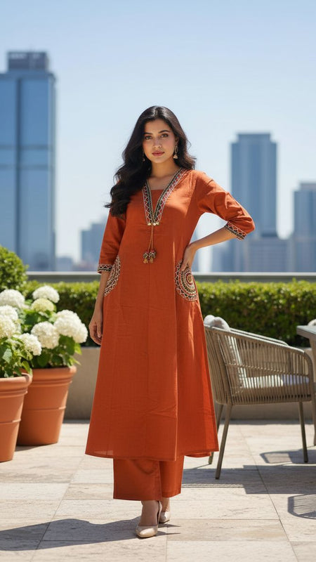 Ebbani Women’s Cotton Embroidered Rust Orange Kurta Set