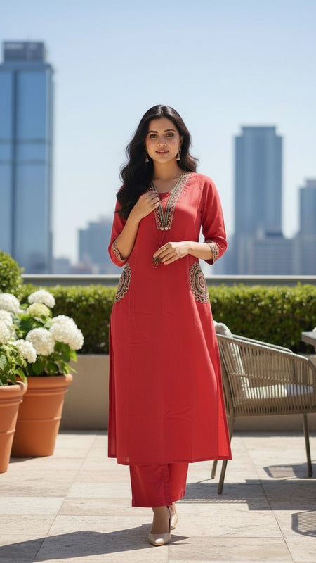 Ebbani Women’s Cotton Embroidered Rani Color Kurta Set