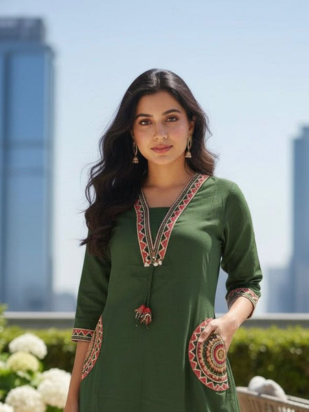 Ebbani Women’s Cotton Embroidered Green Kurta Set