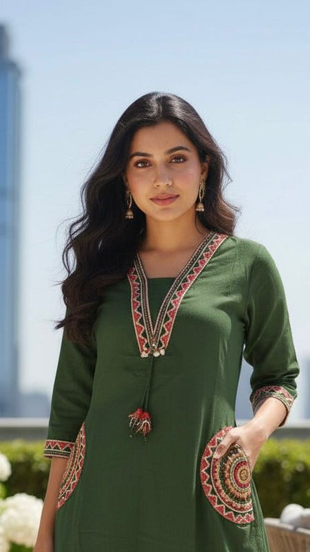 Ebbani Women’s Cotton Embroidered Green Kurta Set