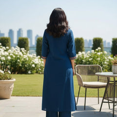 Ebbani Women’s Cotton Embroidered Teal Blue Kurta Set