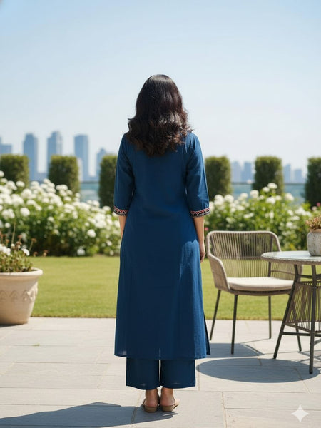 Ebbani Women’s Cotton Embroidered Teal Blue Kurta Set