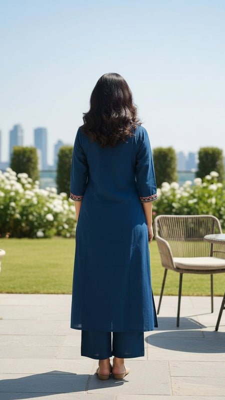 Ebbani Women’s Cotton Embroidered Teal Blue Kurta Set