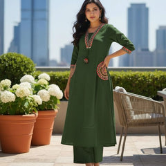 Ebbani Women’s Cotton Embroidered Green Kurta Set