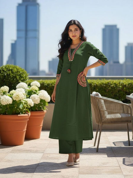 Ebbani Women’s Cotton Embroidered Green Kurta Set