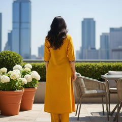 Ebbani Women’s Cotton Embroidered Mustard Kurta Set