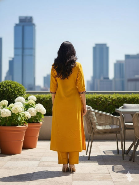 Ebbani Women’s Cotton Embroidered Mustard Kurta Set