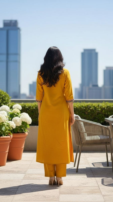 Ebbani Women’s Cotton Embroidered Mustard Kurta Set