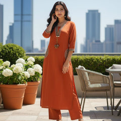 Ebbani Women’s Cotton Embroidered Rust Orange Kurta Set