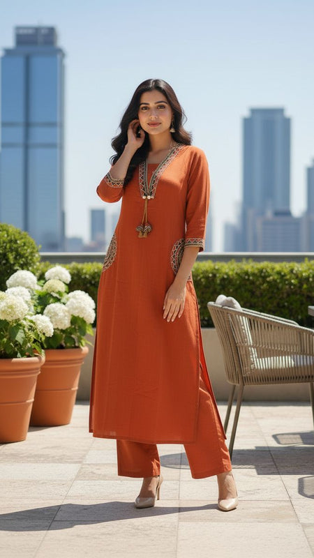 Ebbani Women’s Cotton Embroidered Rust Orange Kurta Set