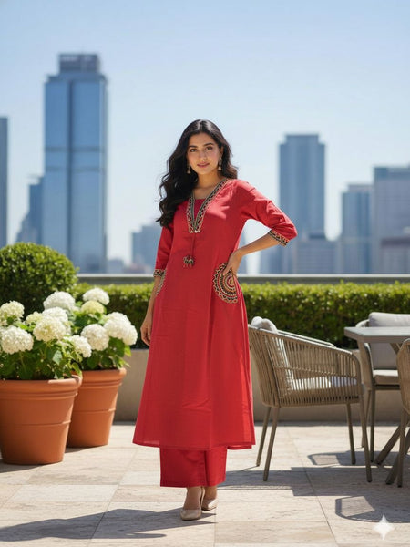 Ebbani Women’s Cotton Embroidered Rani Color Kurta Set