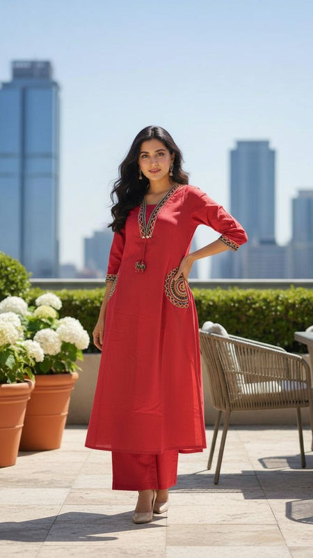 Ebbani Women’s Cotton Embroidered Rani Color Kurta Set