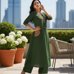 Ebbani Women’s Cotton Embroidered Green Kurta Set