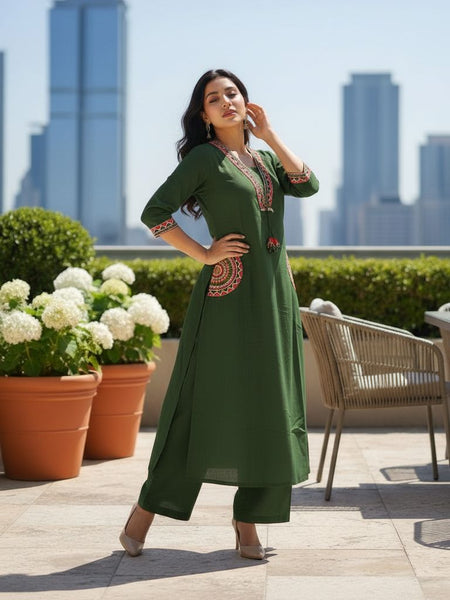 Ebbani Women’s Cotton Embroidered Green Kurta Set