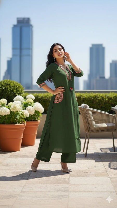 Ebbani Women’s Cotton Embroidered Green Kurta Set