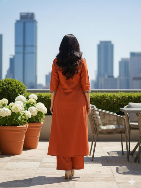 Ebbani Women’s Cotton Embroidered Rust Orange Kurta Set