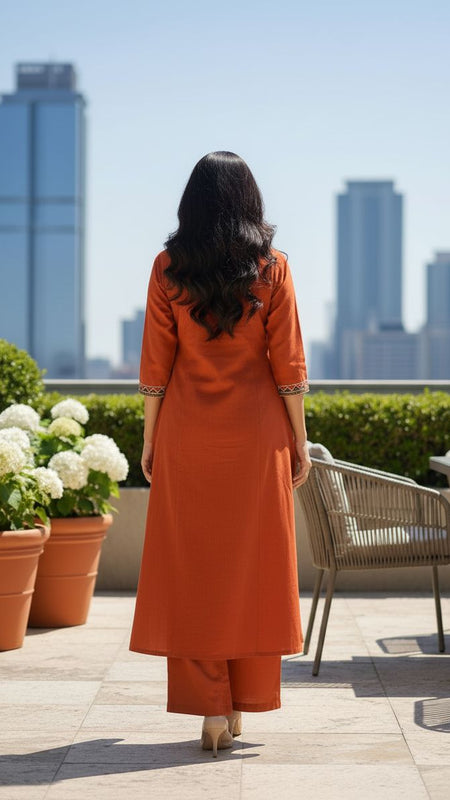 Ebbani Women’s Cotton Embroidered Rust Orange Kurta Set