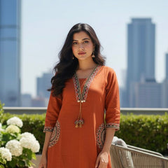 Ebbani Women’s Cotton Embroidered Rust Orange Kurta Set