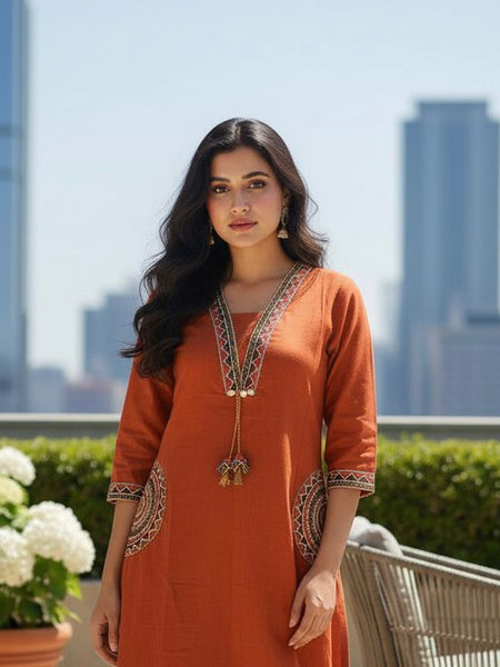 Ebbani Women’s Cotton Embroidered Rust Orange Kurta Set