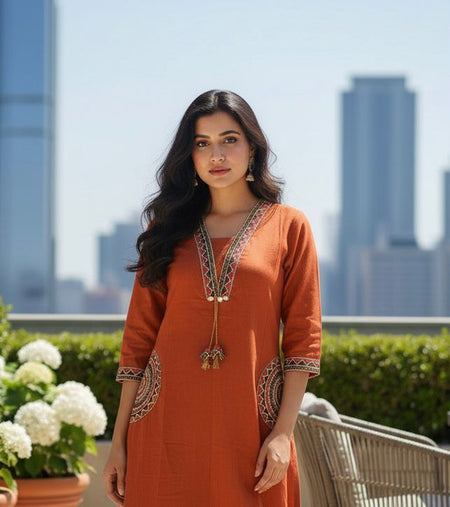 Ebbani Women’s Cotton Embroidered Rust Orange Kurta Set