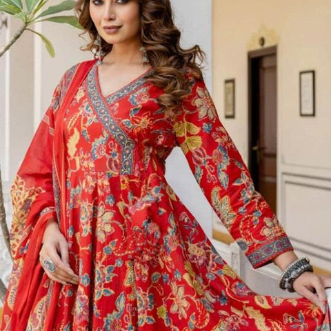 Ebbani Women’s Pure Cotton Red Floral Kurta Set with Pants & Dupatta