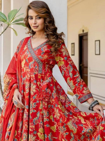 Ebbani Women’s Pure Cotton Red Floral Kurta Set with Pants & Dupatta