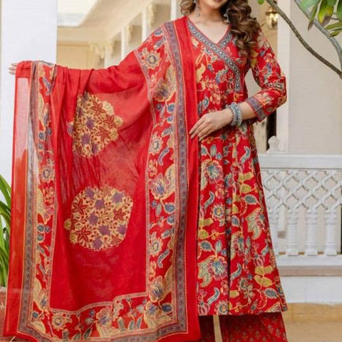 Ebbani Women’s Pure Cotton Red Floral Kurta Set with Pants & Dupatta