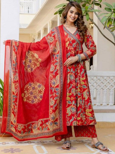 Ebbani Women’s Pure Cotton Red Floral Kurta Set with Pants & Dupatta