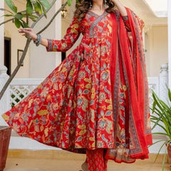 Ebbani Women’s Pure Cotton Red Floral Kurta Set with Pants & Dupatta