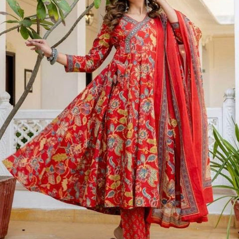 Ebbani Women’s Pure Cotton Red Floral Kurta Set with Pants & Dupatta