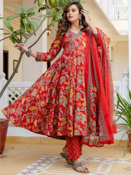 Ebbani Women’s Pure Cotton Red Floral Kurta Set with Pants & Dupatta