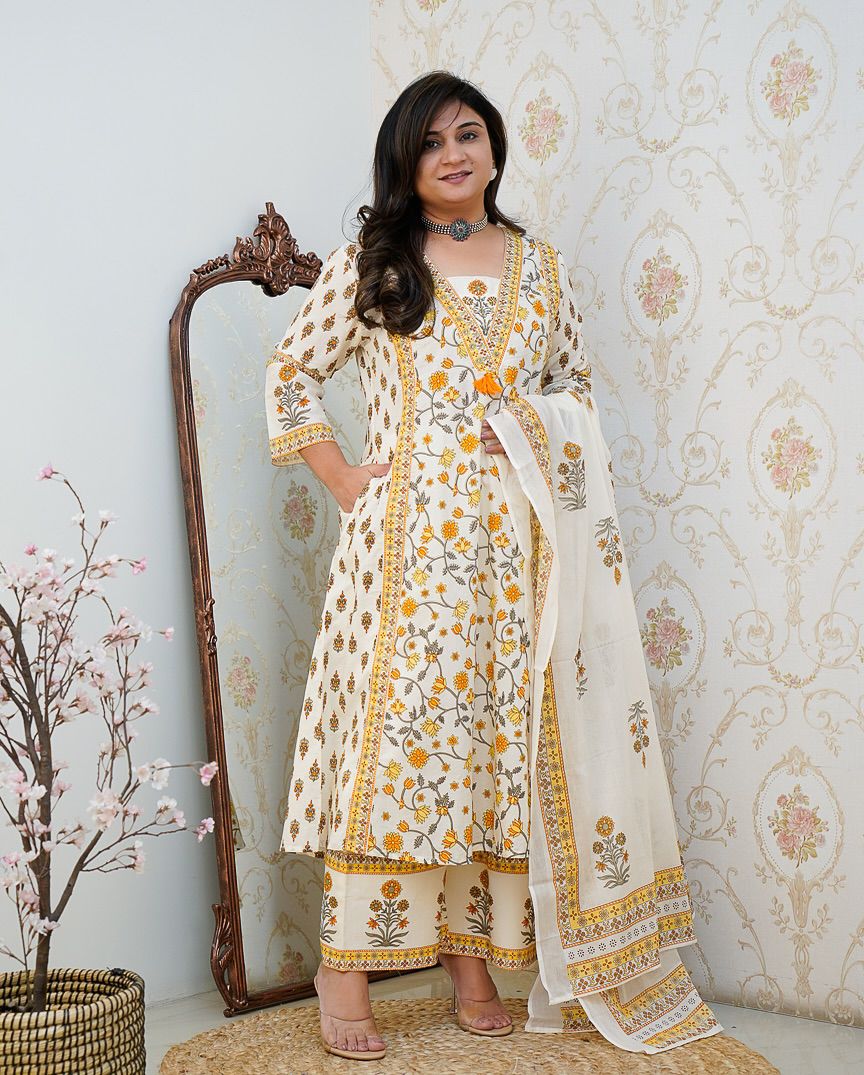 Ebbani Women’s Cotton Floral White Orange Kurta Set with Dupatta