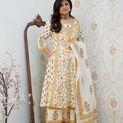 Ebbani Women’s Cotton Floral White Orange Kurta Set with Dupatta