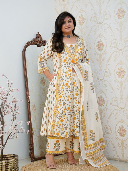 Ebbani Women’s Cotton Floral White Orange Kurta Set with Dupatta