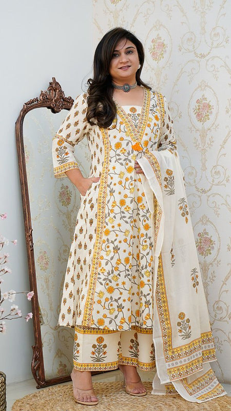 Ebbani Women’s Cotton Floral White Orange Kurta Set with Dupatta