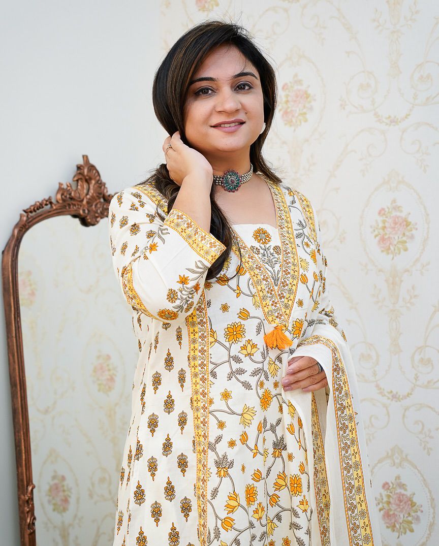 Ebbani Women’s Cotton Floral White Orange Kurta Set with Dupatta