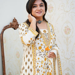 Ebbani Women’s Cotton Floral White Orange Kurta Set with Dupatta