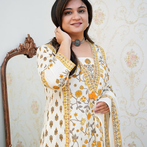 Ebbani Women’s Cotton Floral White Orange Kurta Set with Dupatta