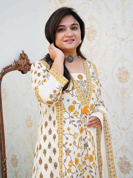 Ebbani Women’s Cotton Floral White Orange Kurta Set with Dupatta