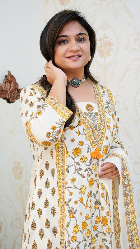 Ebbani Women’s Cotton Floral White Orange Kurta Set with Dupatta