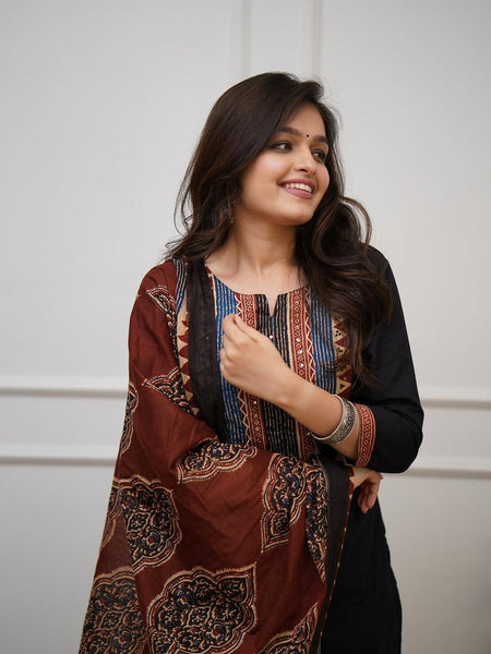 Ebbani Women’s Cotton Black Kurta Set with Dupatta